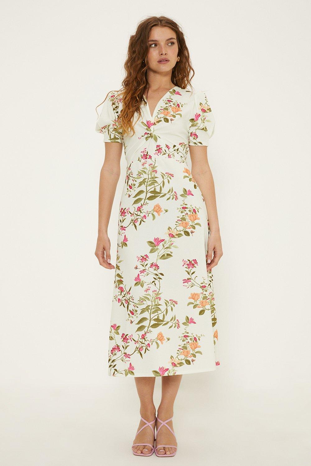 Dresses Ivory Floral Stretch Crepe Twist Front Midi Dress Oasis