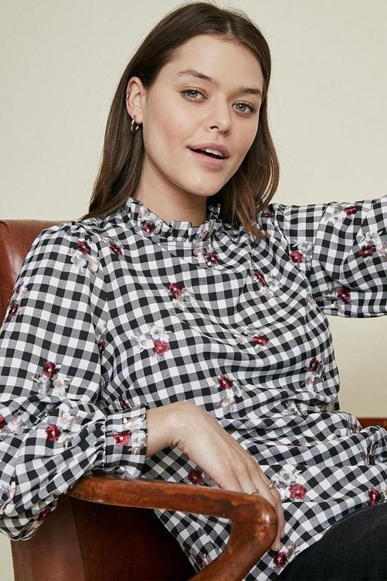 Oasis Embroidered Check Balloon Sleeve Blouse 1