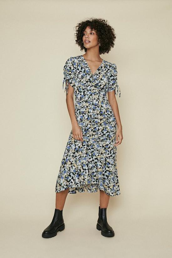 Oasis Printed Ruched Front Tie Sleeve Midi Dress 1