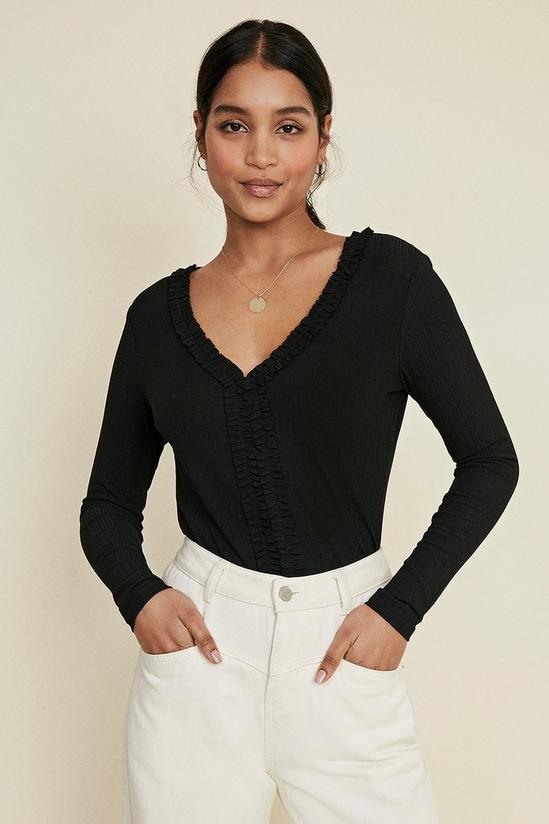 Oasis Pointelle Jersey Frill V Neck Top 1