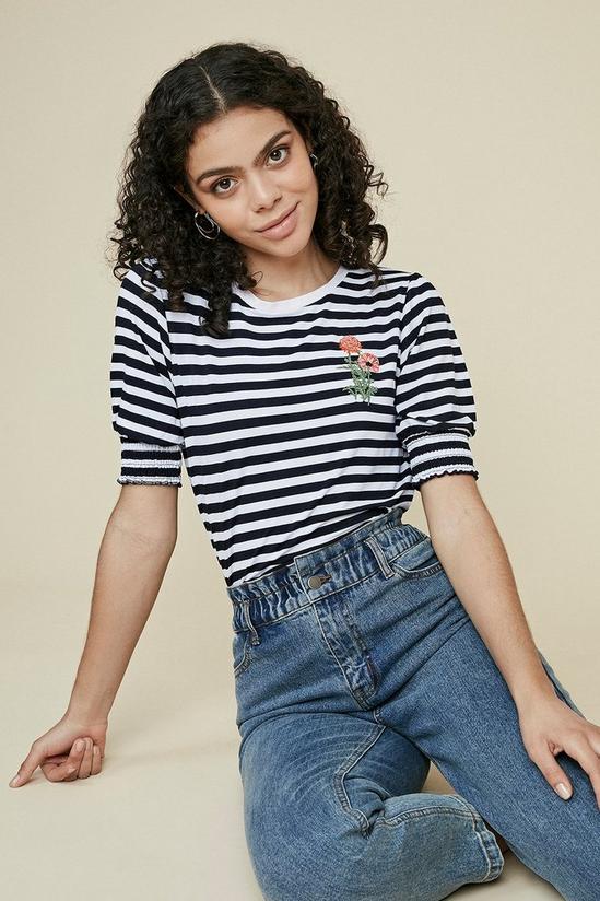 Oasis Embroidered Stripe Shirred Cuff T Shirt 1