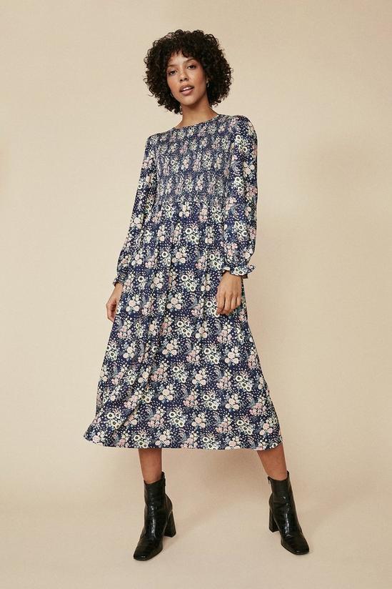 Oasis Floral Shirred Bodice Midi Dress 1