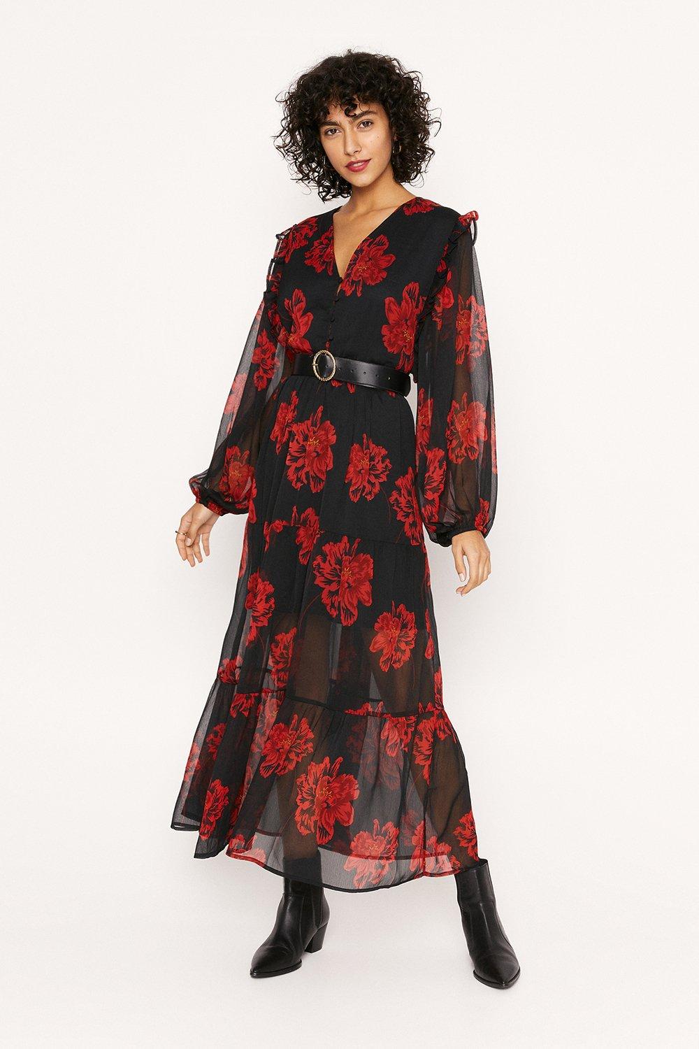 Black and red floral midi dress sale