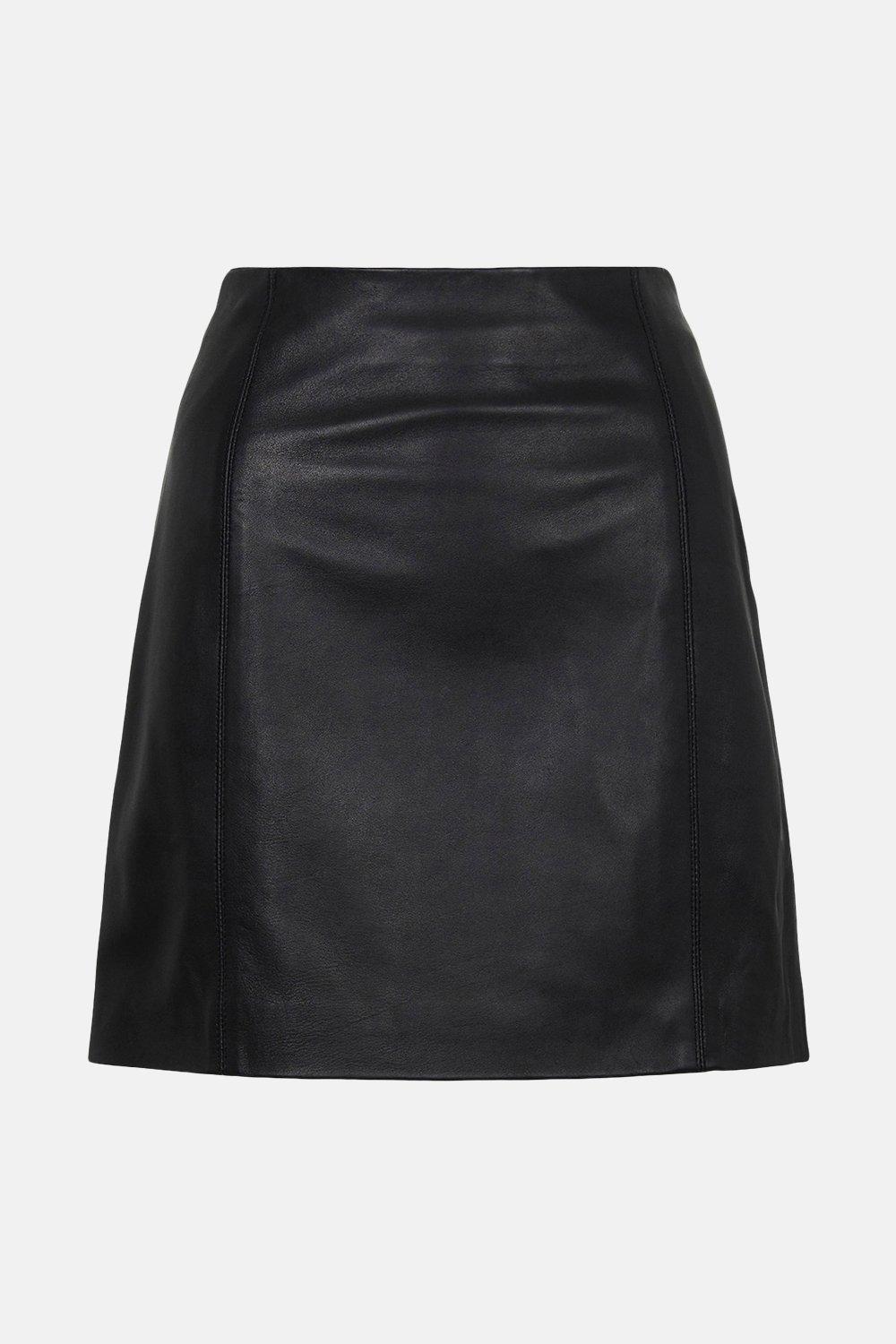 Oasis black faux outlet leather seamed mini skirt