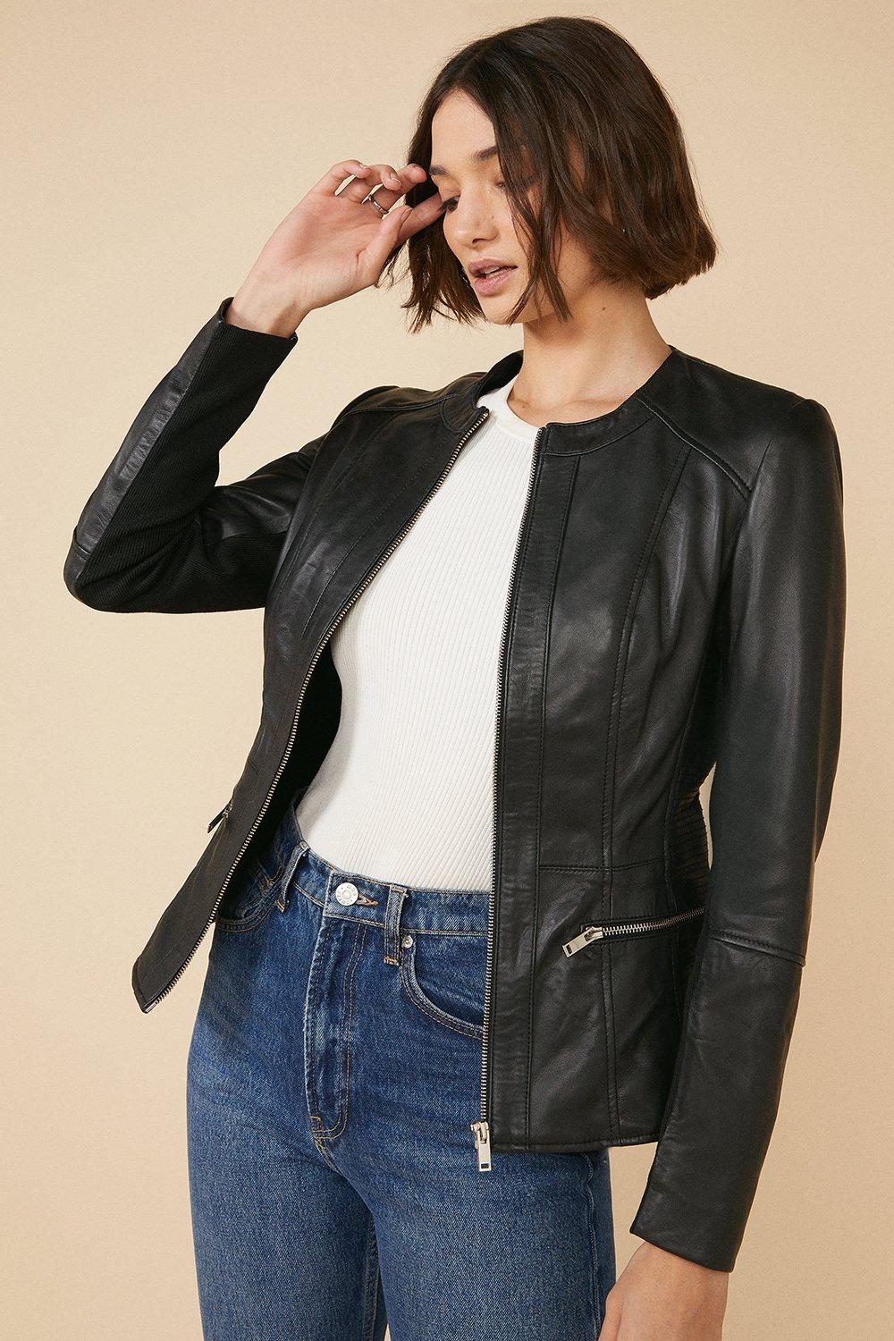 Ladies collarless hot sale leather jacket