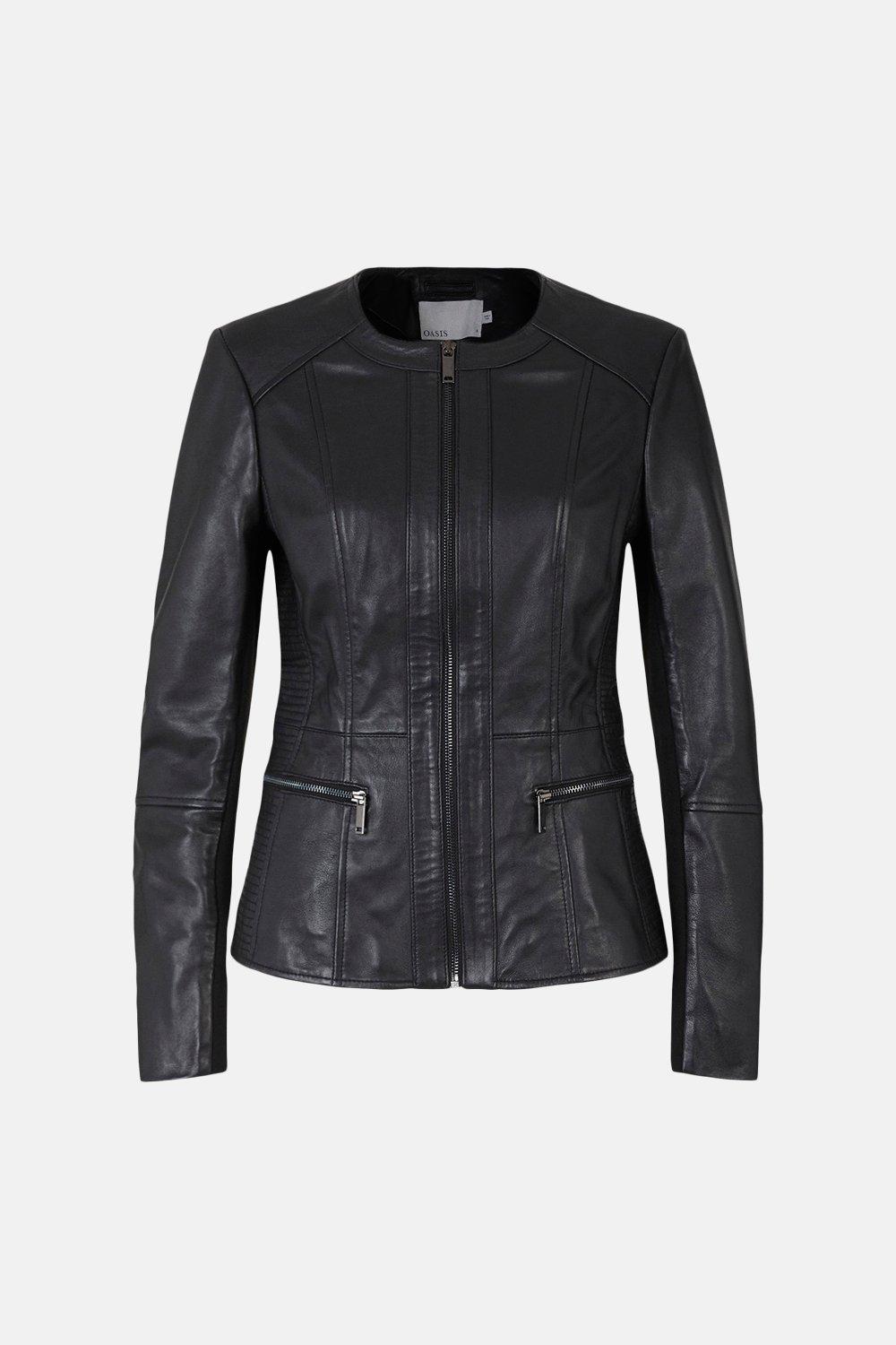 Oasis faux leather hot sale collarless jacket