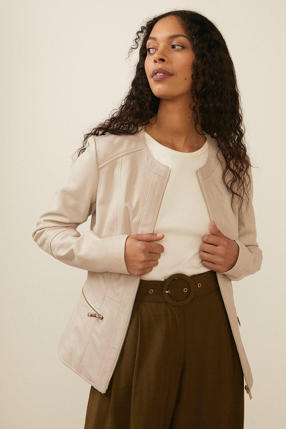 Oasis leather hot sale collarless jacket