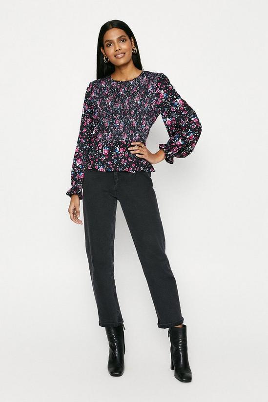 Oasis Shirred Bodice Printed Long Sleeve Top 1