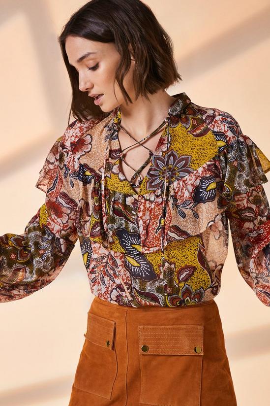 Oasis Printed Lace Up Detail Frill Blouse 2