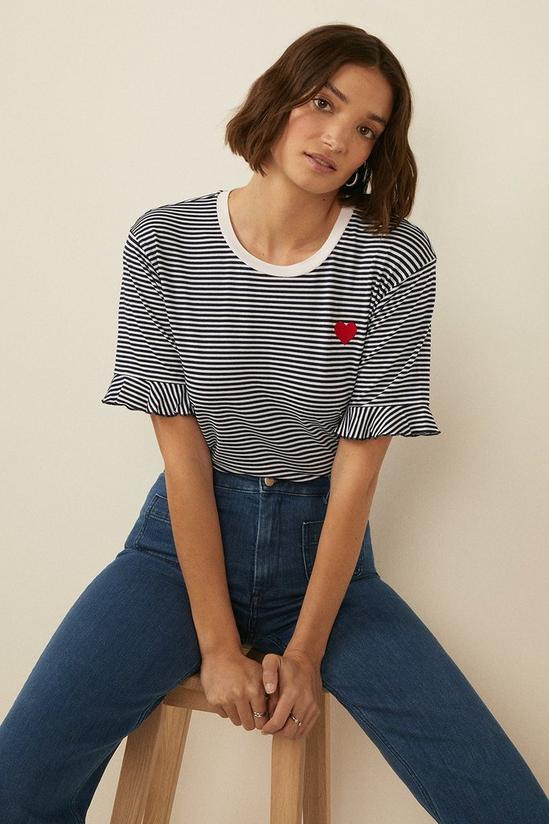 Oasis Embroidered Heart Stripe Frill Sleeve T Shirt 1