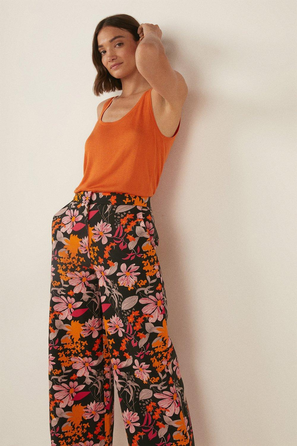 Trousers, Floral Printed Cotton Sateen Wide Leg Trouser