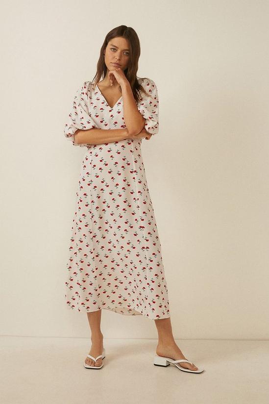 Oasis Dainty Red Rose Puff Sleeve V Neck Midi Dress 2