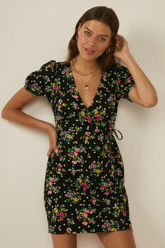 Oasis Floral Print Wrap Top Puff Sleeve Mini Dress 1