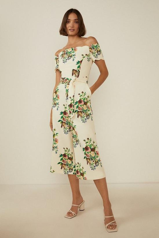 Oasis Ivory Floral Print Scallop Bardot Jumpsuit 1