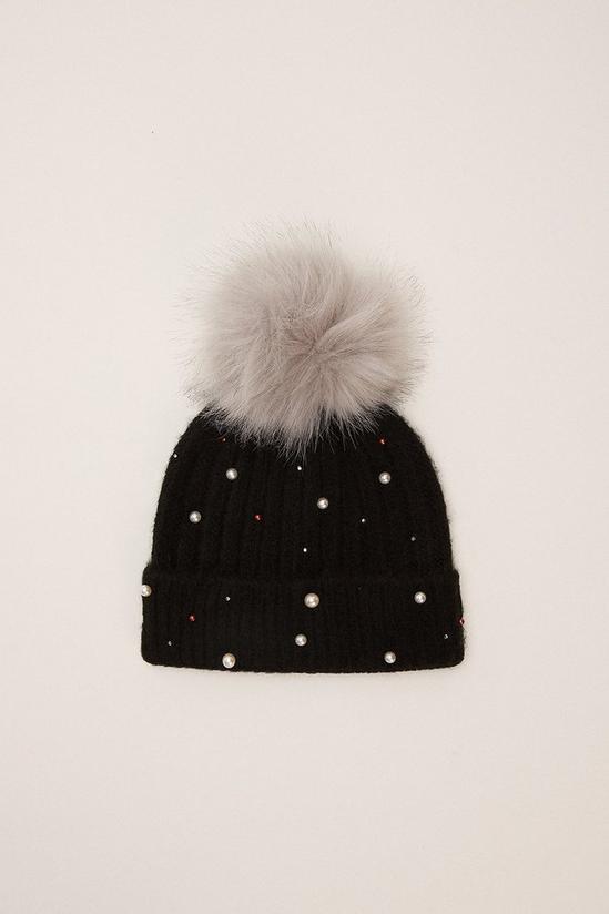 Oasis Mixed Gem Knitted Pom Beanie Hat 1