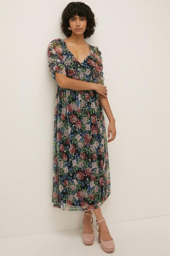 Oasis Dobby Mesh Floral Puff Sleeve Midi Dress 1