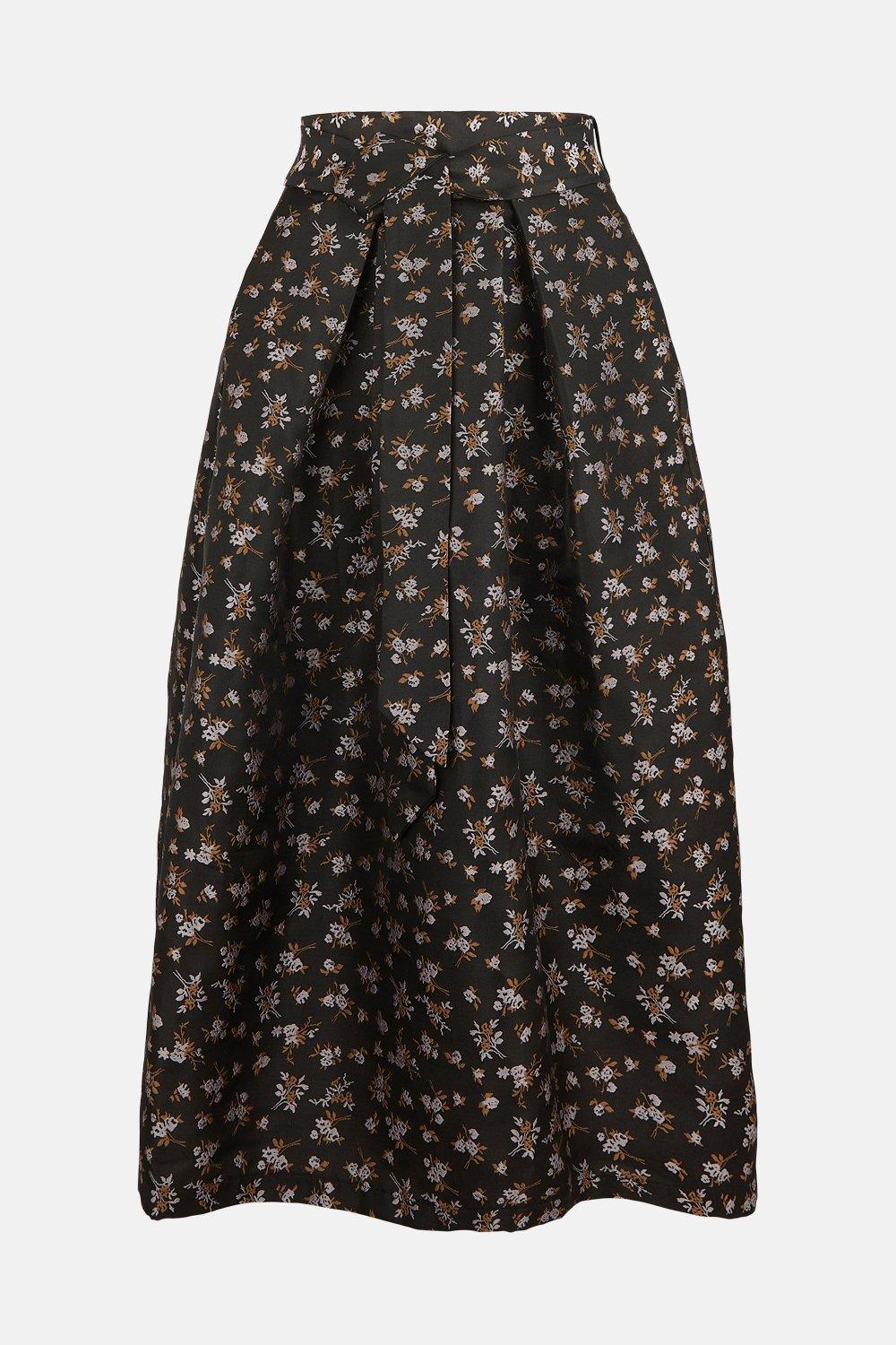 Floral Jacquard Belted Midi Skirt
