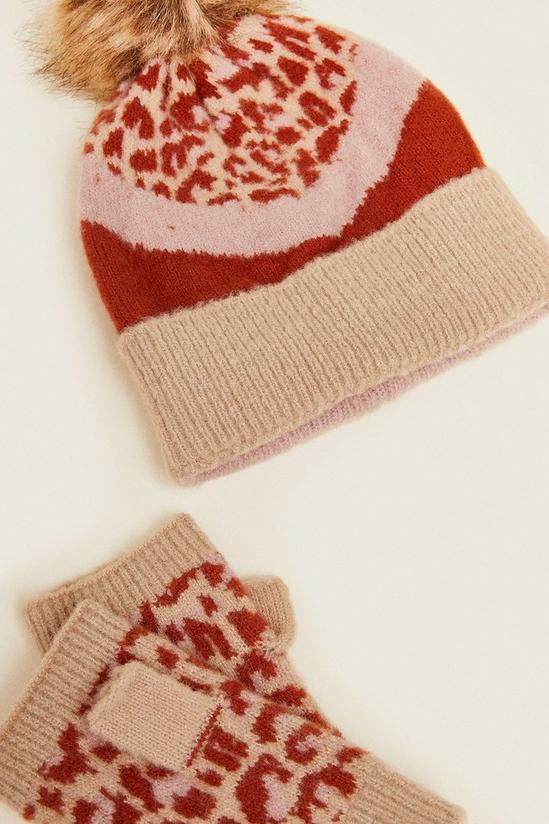 Oasis Leopard Colour Block Mittens And Beanie Set 3