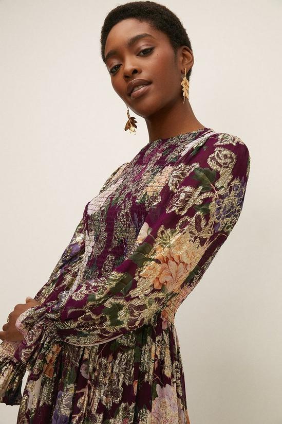 Oasis RHS Metallic Berry Floral Shirred Dress 1