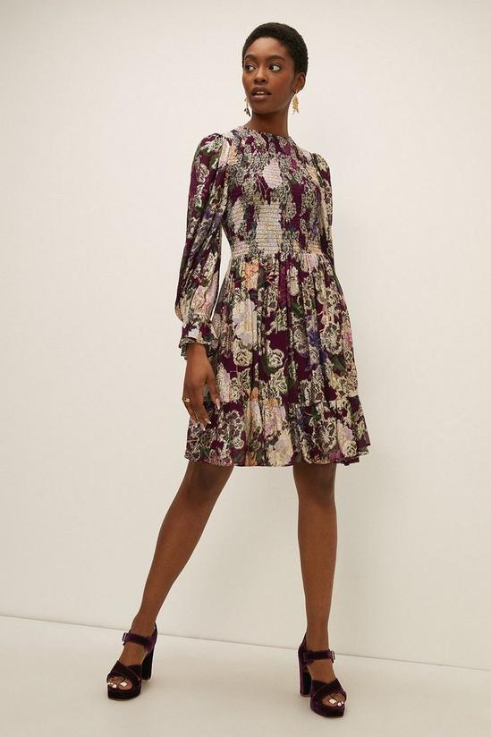 Oasis RHS Metallic Berry Floral Shirred Dress 2