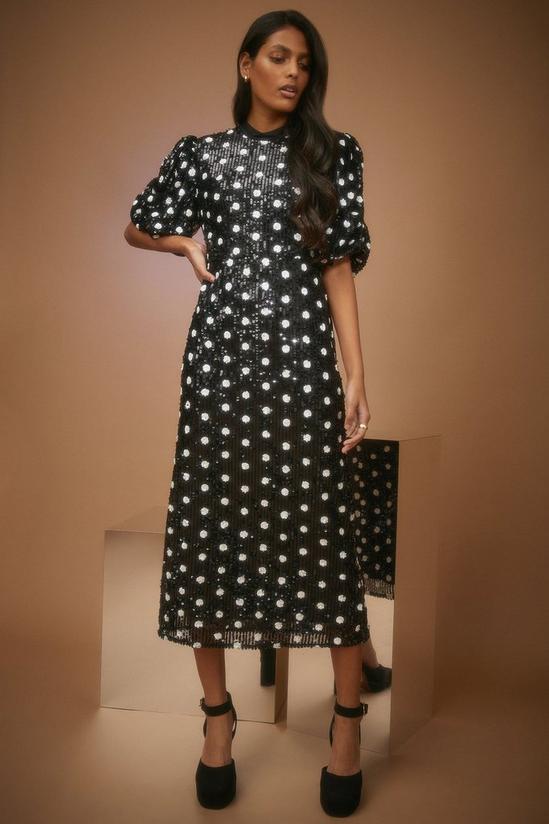 Oasis Polka Dot Sequin Puff Sleeve Midi Dress 3