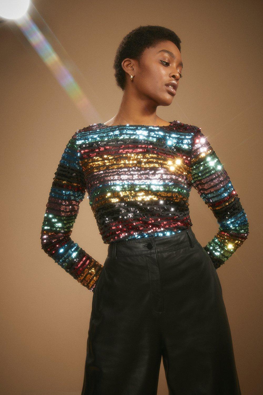 Mango long sleeve shop sequin top in rainbow