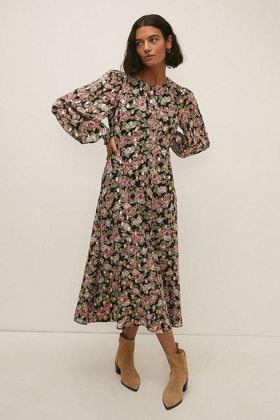Oasis Foil Rose Printed Shirred Cuff Midi Dress 1