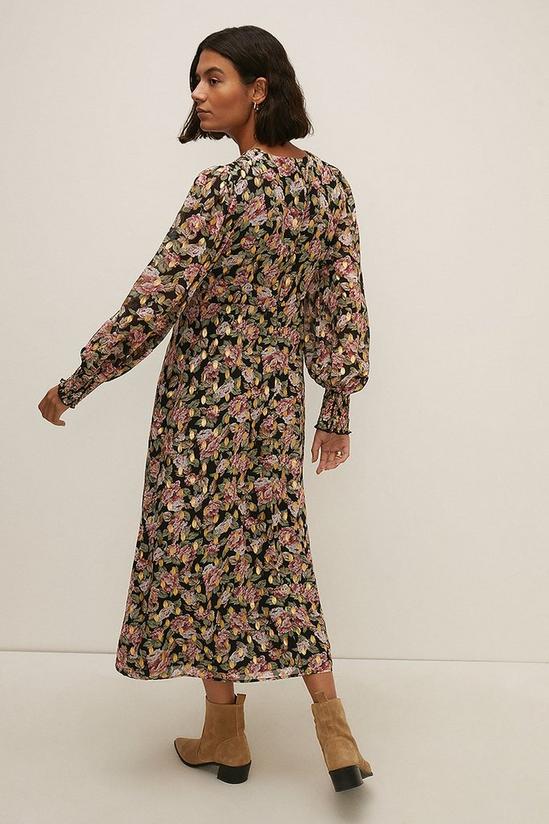 Oasis Foil Rose Printed Shirred Cuff Midi Dress 3