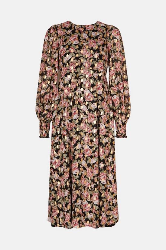 Oasis Foil Rose Printed Shirred Cuff Midi Dress 4