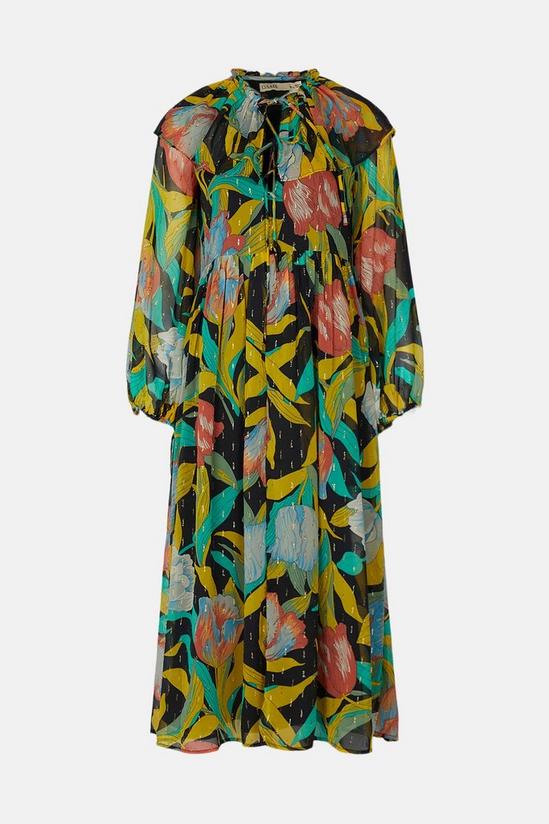 Oasis Tulip Printed Metallic Frill Neck Midi Dress 4