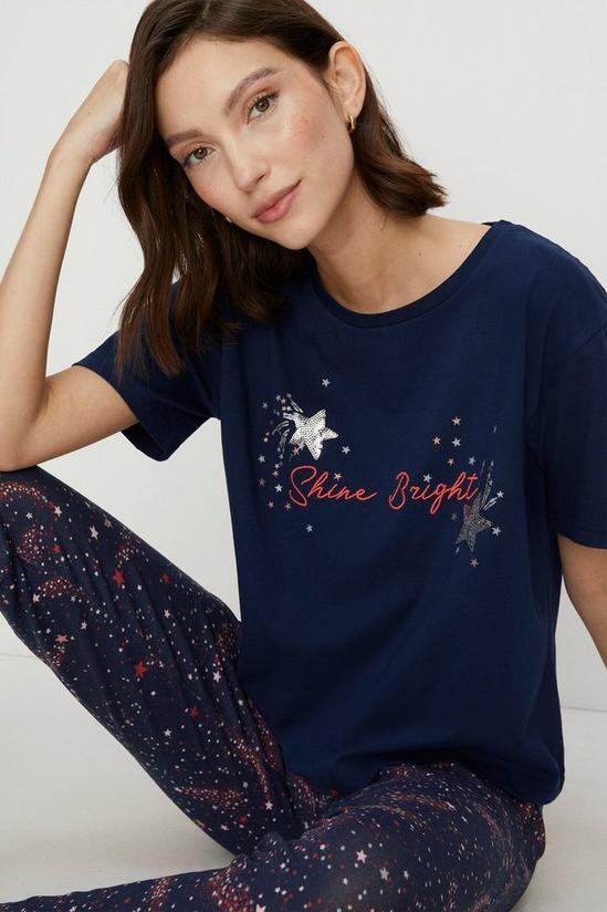 Oasis Slogan Embroidered Sequin Star Pyjama Set 1