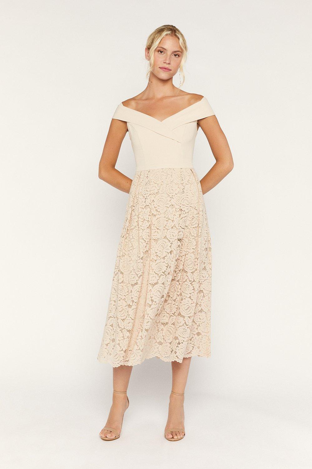 Oasis lace bardot dress hotsell