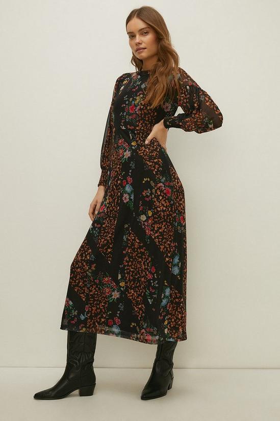 Oasis Floral Print Shirred Cuff Mesh Midi Dress 1