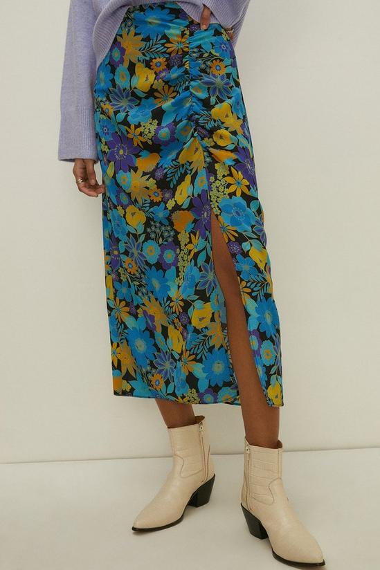 Oasis Retro Blue Printed Ruched Detail Midi Skirt 2