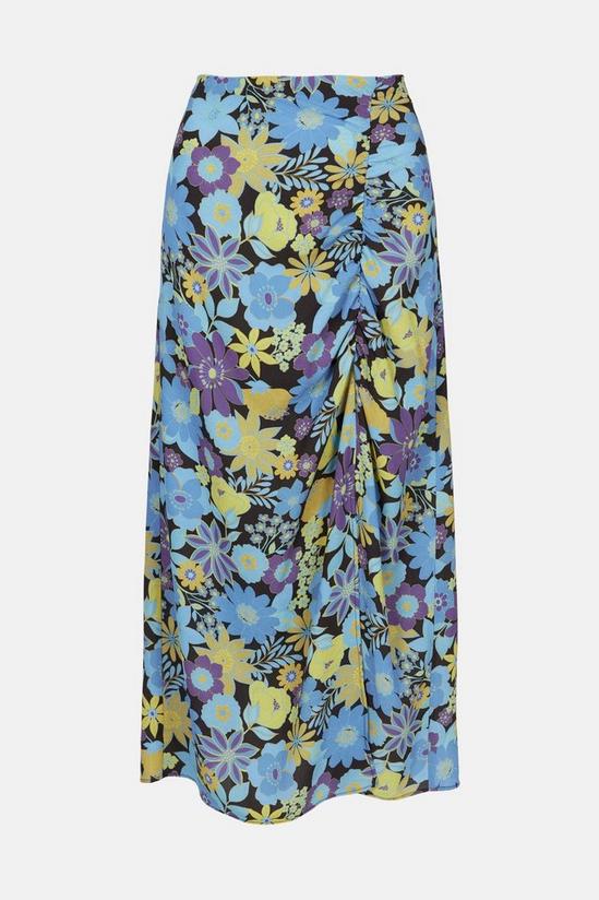 Oasis Retro Blue Printed Ruched Detail Midi Skirt 4