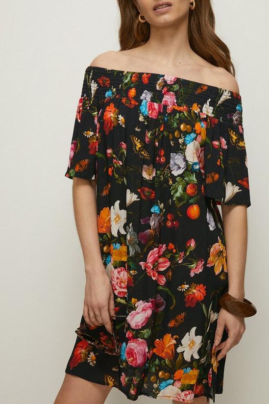 Oasis Painted Floral Shirred Bardot Mini Dress 1