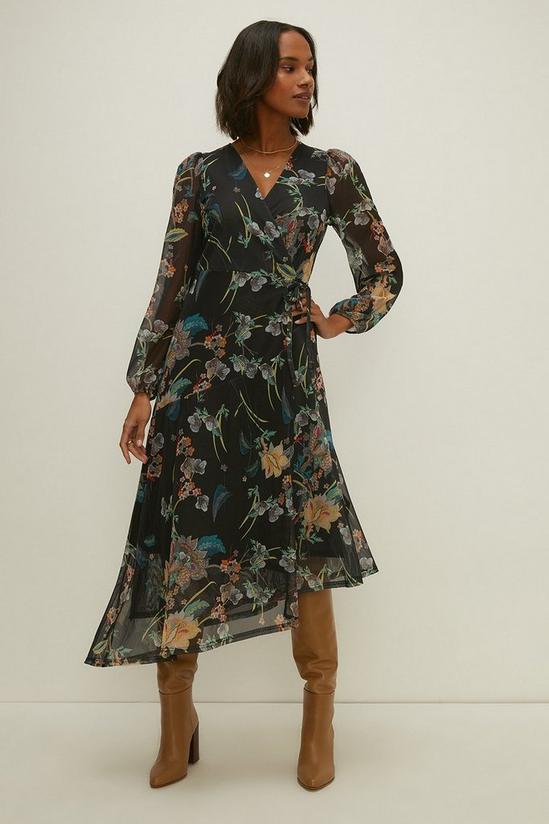 Oasis Floral Mesh Asymmetric Wrap Midi Dress 1