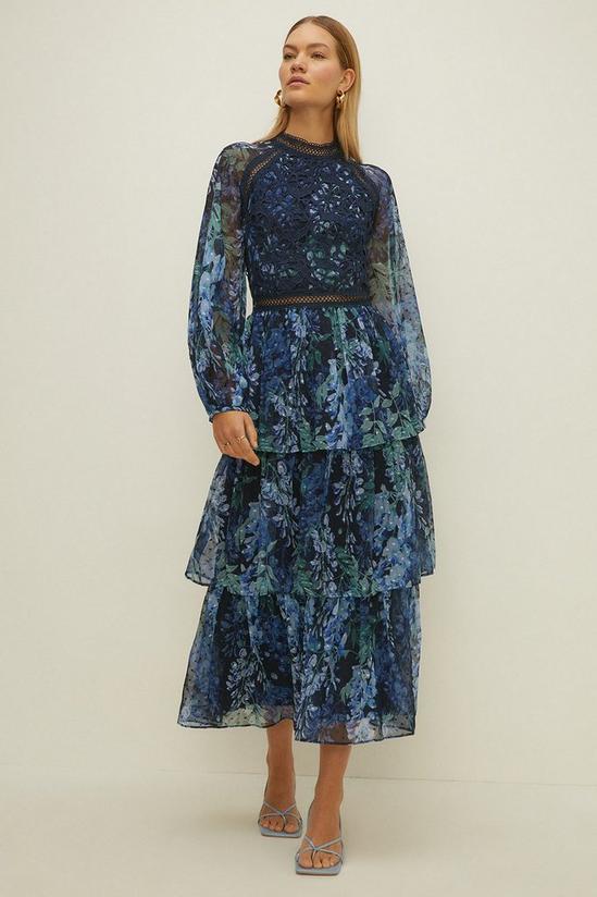 Oasis Lace Balloon Sleeve Floral Tiered Midi Dress 1