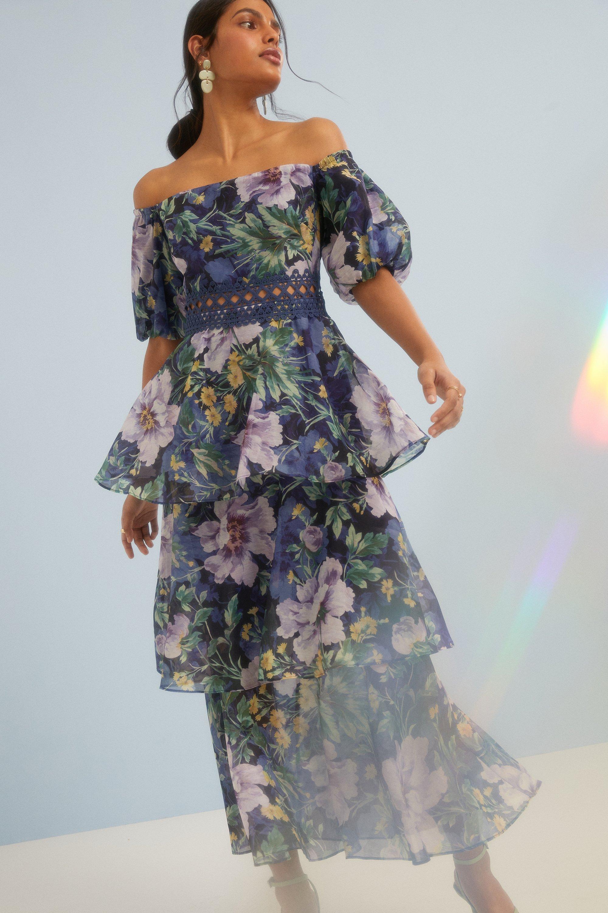 Dresses | Lyanna Floral Tiered Organza Bardot Midi Dress | Oasis