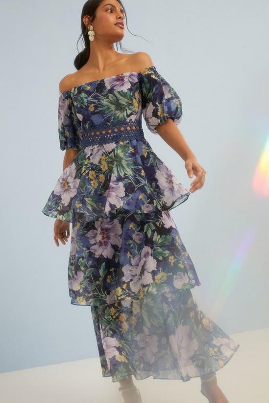 Oasis Lyanna Floral Tiered Organza Bardot Midi Dress 1