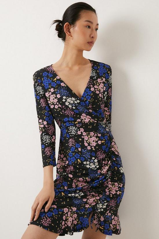 Oasis Slinky Jersey Floral Printed Wrap Ruched Mini Dress 1