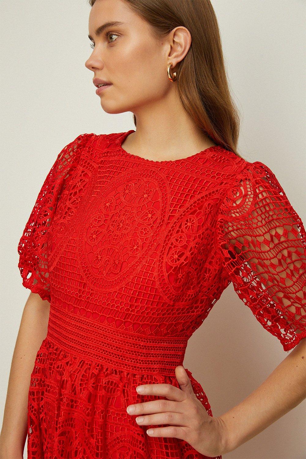 Tangerine Puff Sleeve Lace Up Midi Dress