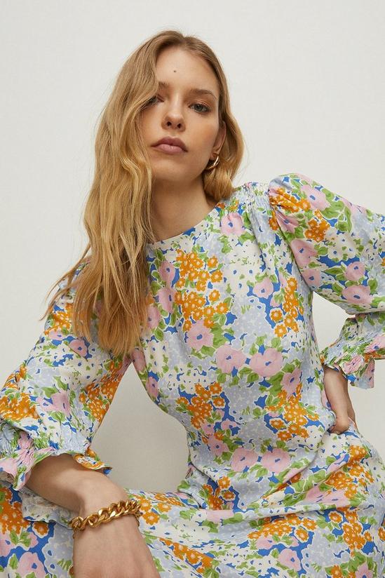 Oasis Shirred Cuff Meadow Floral Print Midi Dress 1