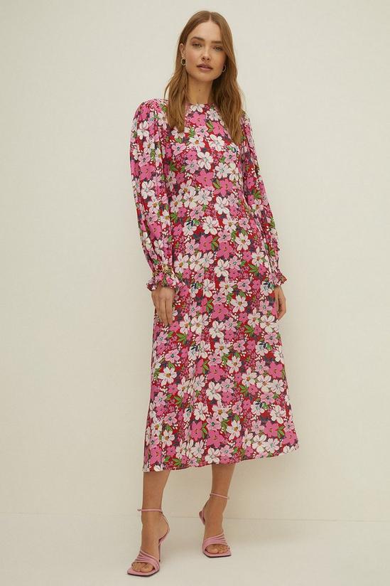 Oasis Shirred Cuff Pink Floral Print Midi Dress 2