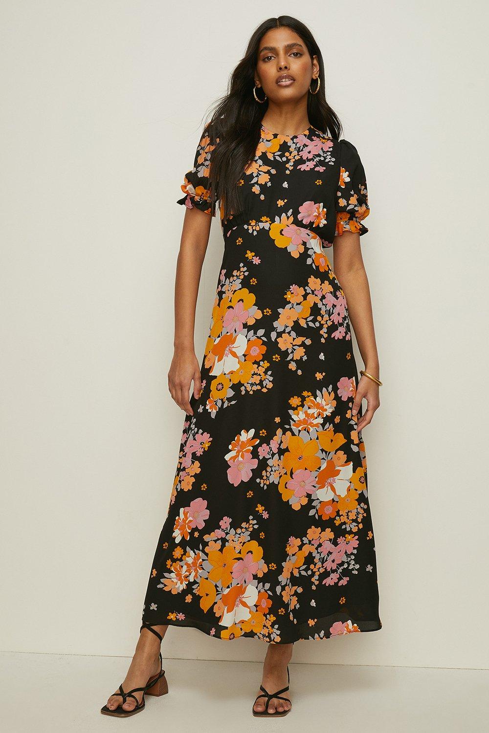 Vibrant Floral Puff Sleeve Midi Tea Dress