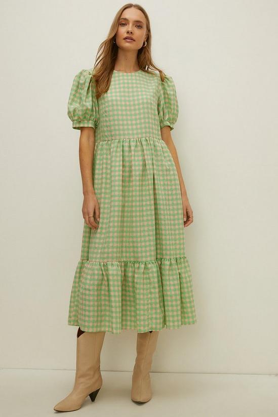 Oasis Petite Mint Check Puff Sleeve Tiered Dress 1