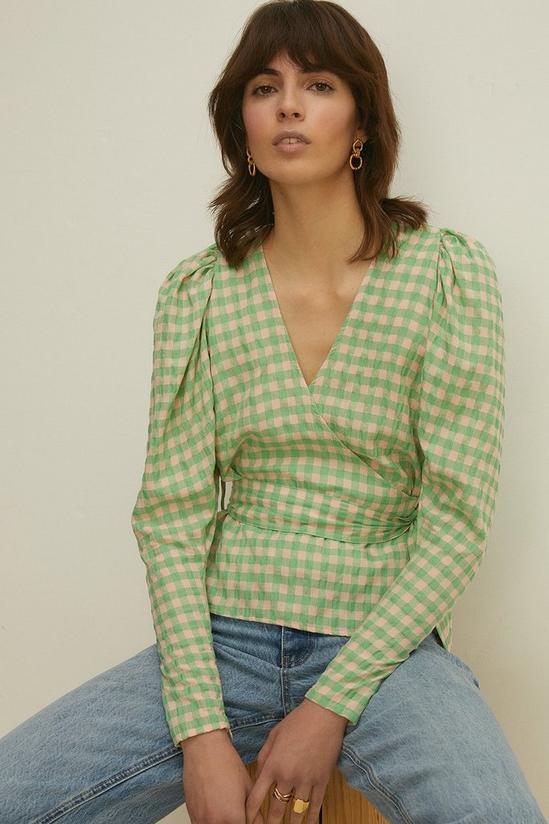 Oasis Mint Check Puff Sleeve Wrap Top 2