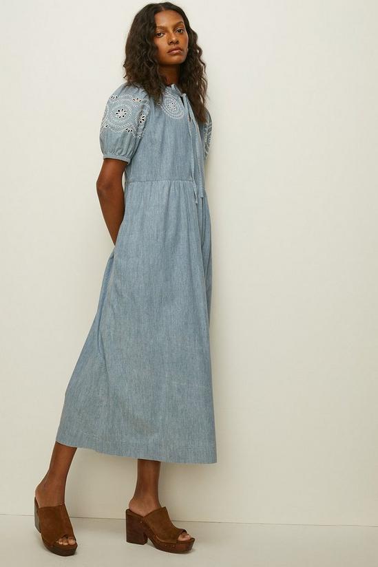 Oasis Broderie Cutwork Pale Wash Chambray Dress 1