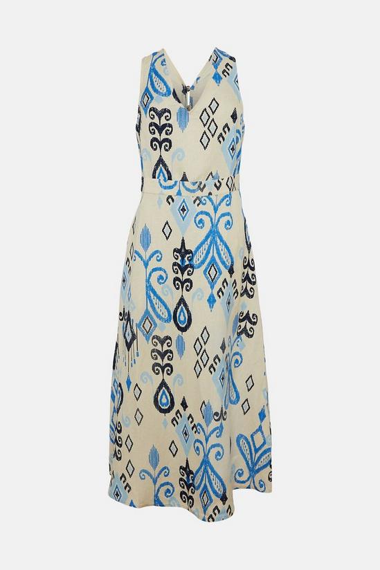 Oasis Linen Ikat Print Mix V Neck Tailored Midi Dress 4