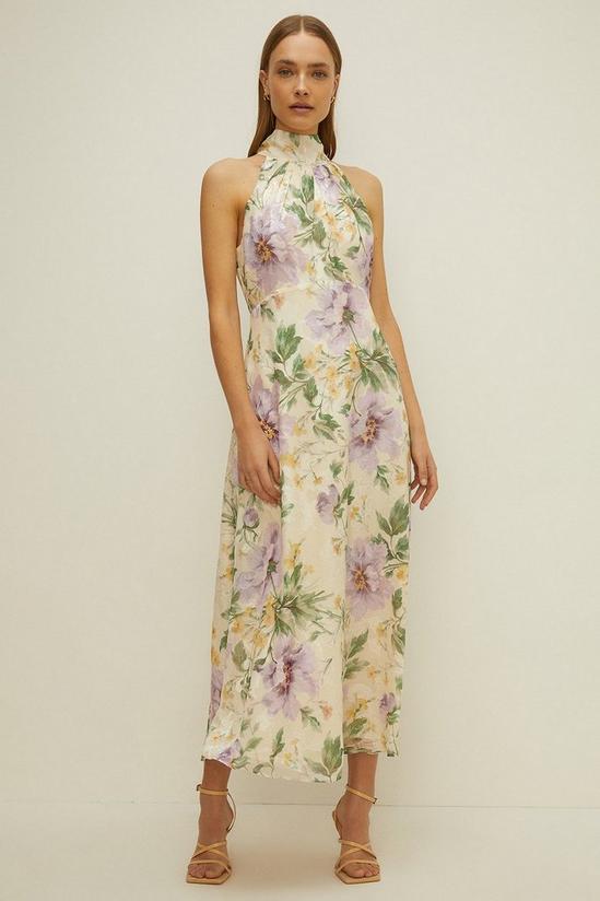 Oasis Lyanna Floral Satin Burnout Halter Neck Midi Dress 1